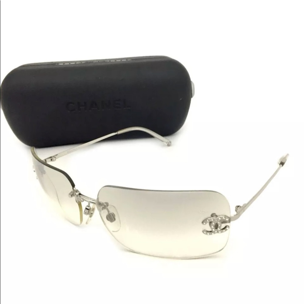 CHANEL rimless CC Logo Clear Sunglasses rhinestones /R2841